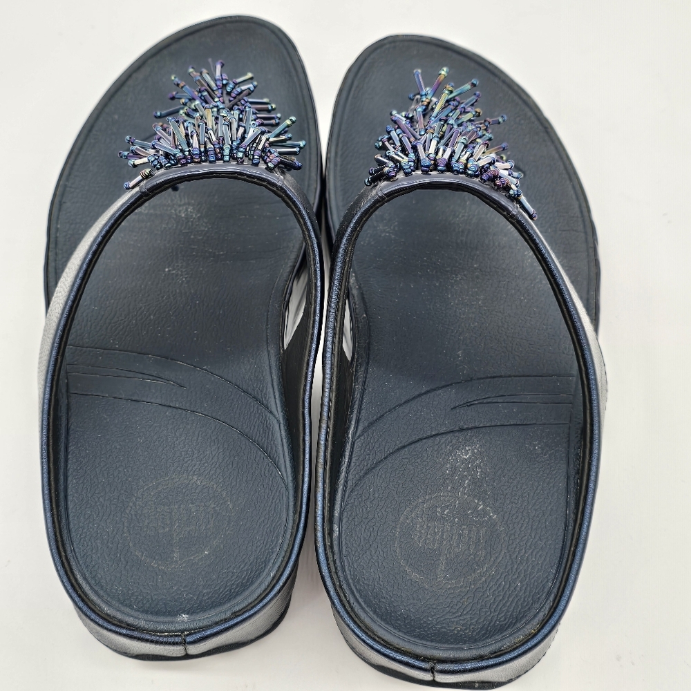 FitFlop Cha Cha Rumba Sandals Sz 8 Blue Leather Beaded Fringe Thong Platform - Picture 4 of 14